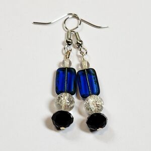 Handmade Blue Specked W/ Clear Crackle And Black Beaded Earrings